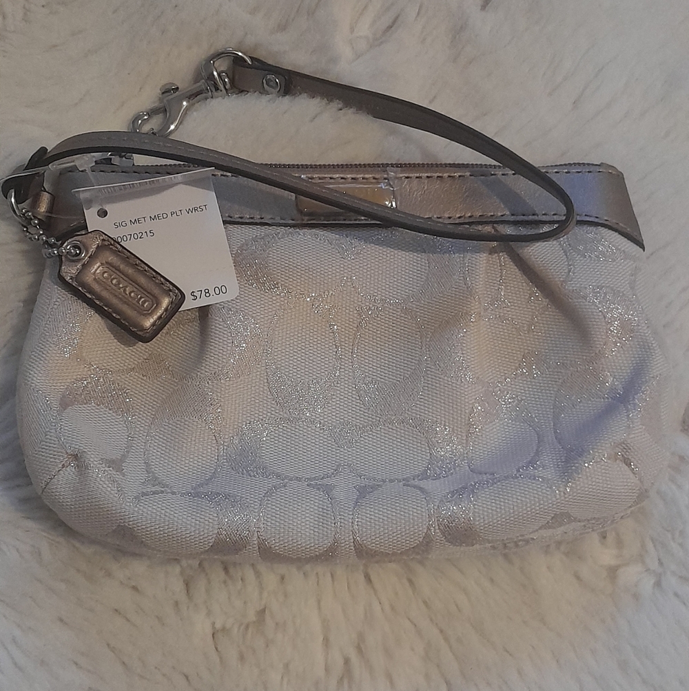 Coach Metallic Silver and Cream Wristlet NWT